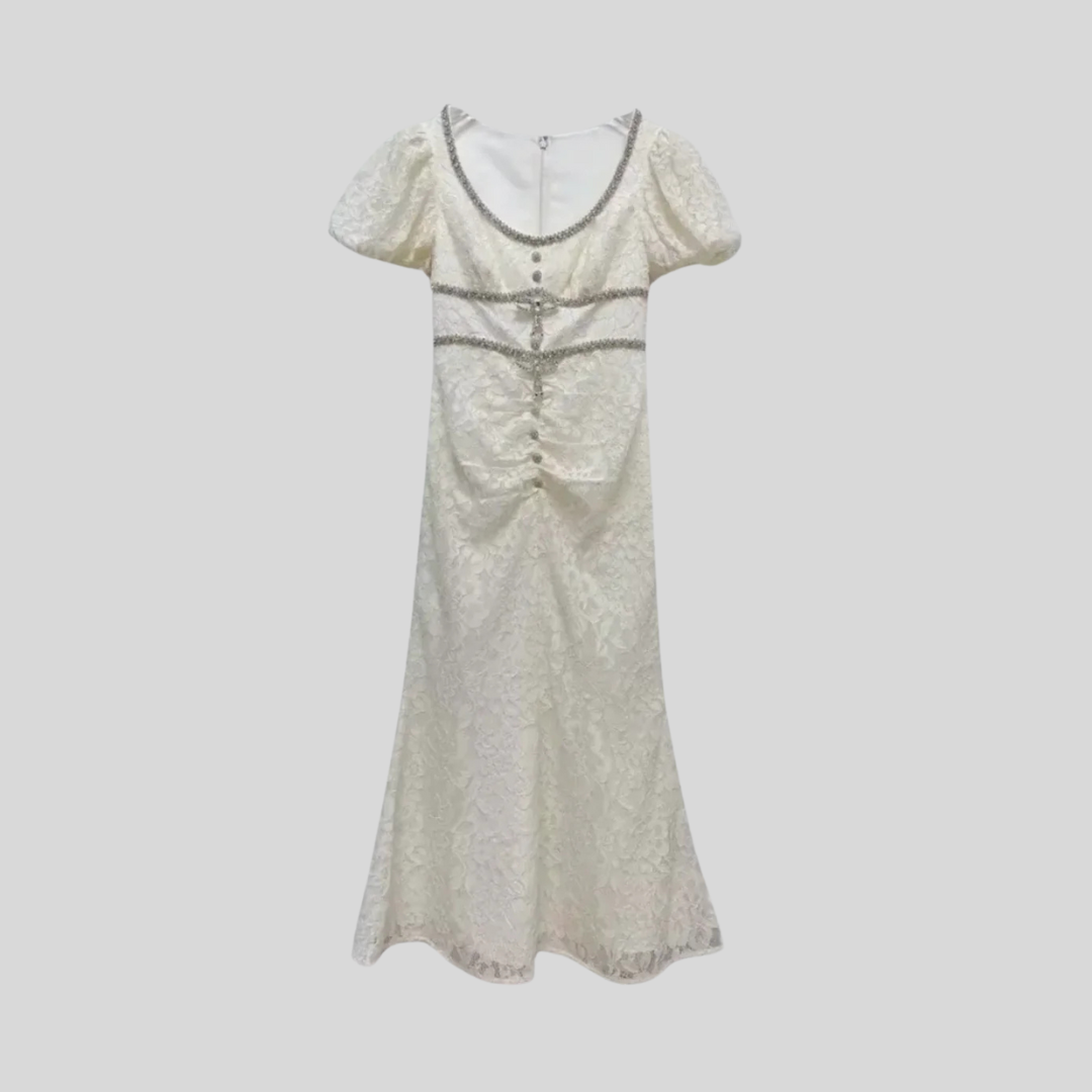 Short Sleeved Lace Dress With Short Puff Sleeves And Scoop Neckline - Ivory