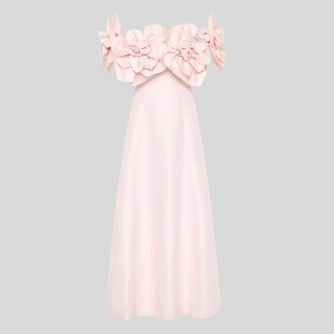 Off-Shoulder Midi Dress with Oversized Floral Appliqués - Pink