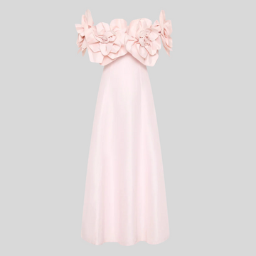 Off-Shoulder Midi Dress with Oversized Floral Appliqués - Pink