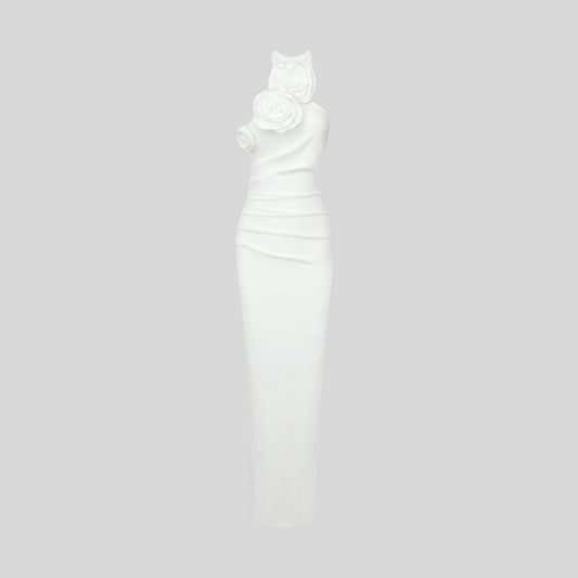 Sleeveless Fitted Maxi Dress With Flowing Scarf, 3D Roses And Side Slit - White - Black - Red