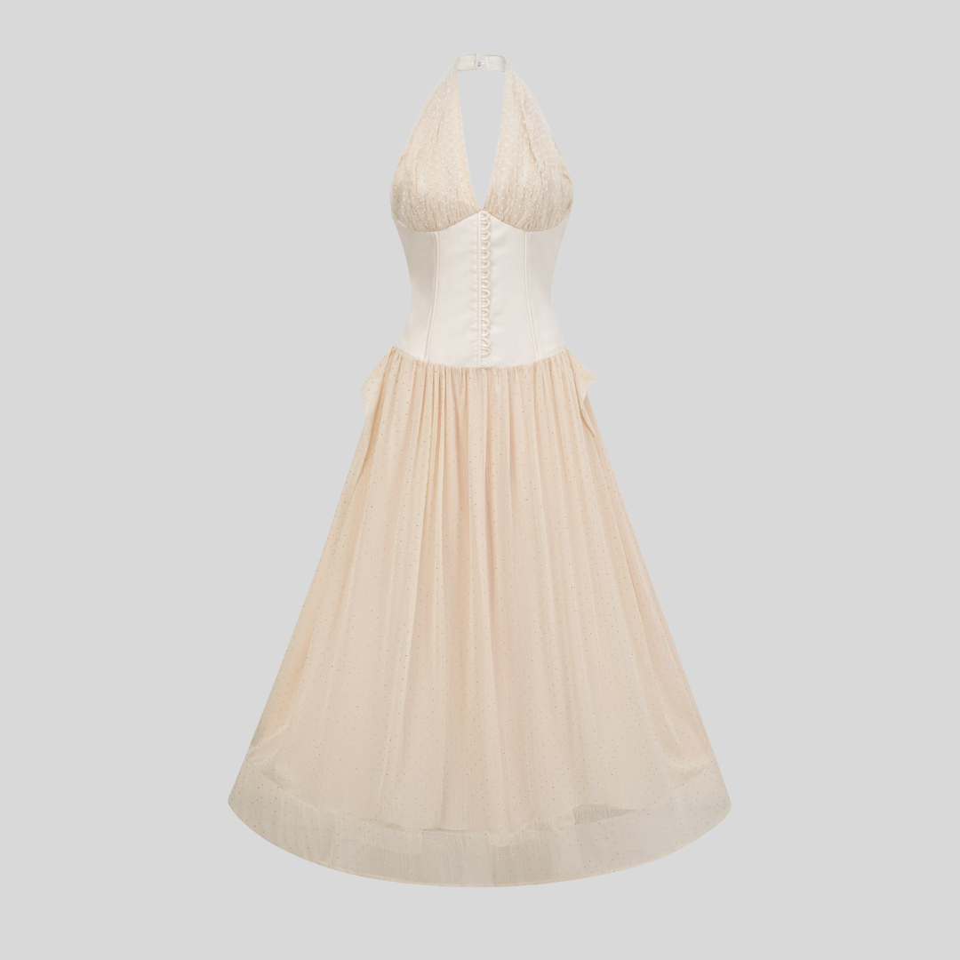 Elegance Halterneck Tulle Midi Dress - Ivory