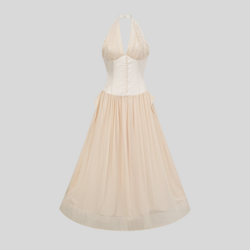 Elegance Halterneck Tulle Midi Dress - Ivory