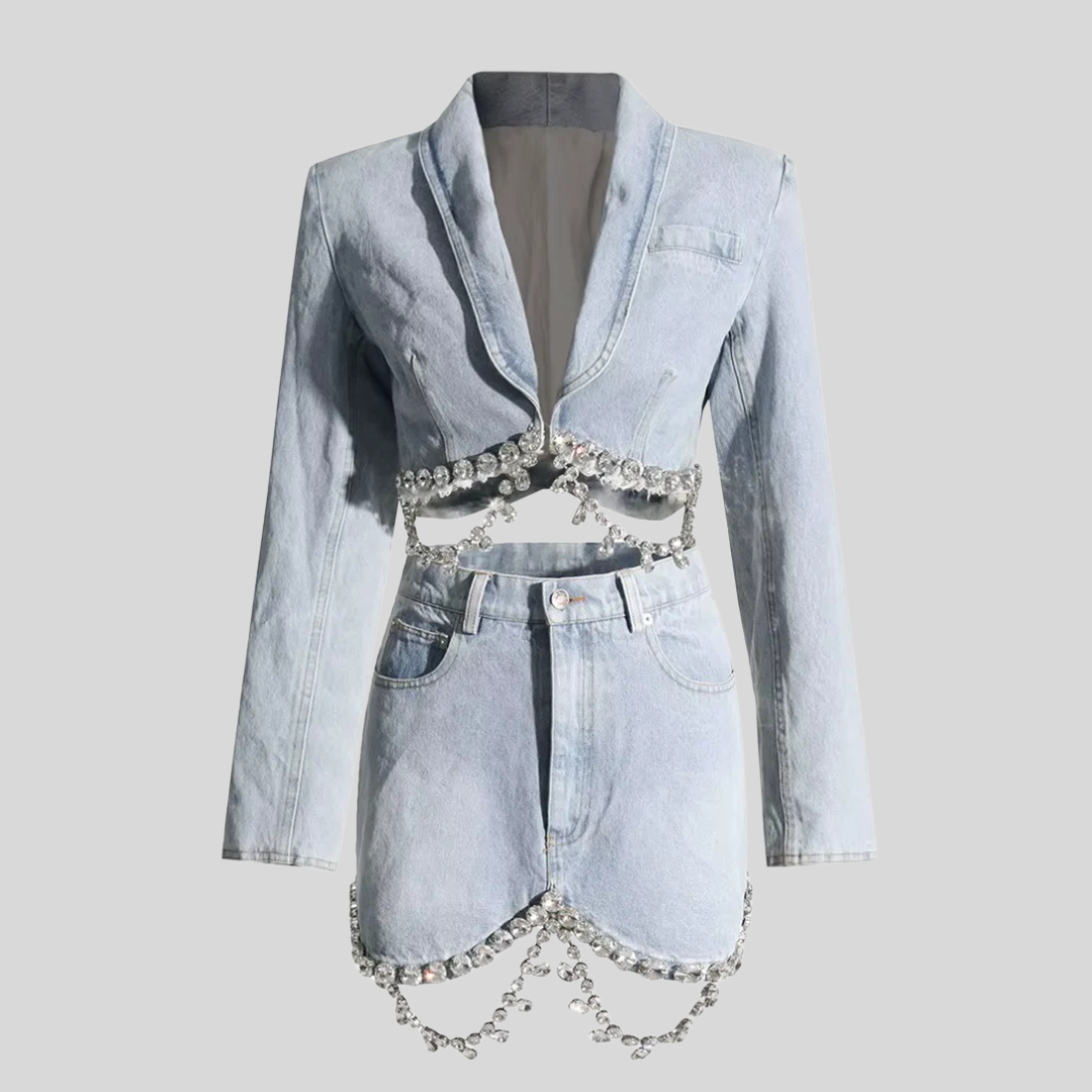 Spliced Diamonds Tassel Denim Two Piece Set - Blue