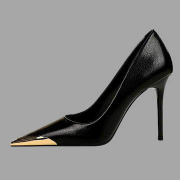 Elegant Leather Metal Pointed Heels - Black