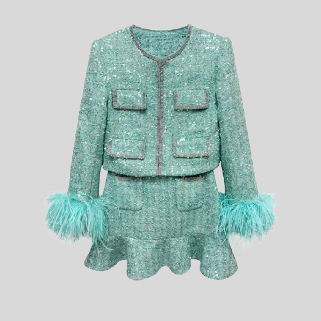 Glittering High-Waist Vest & Short Skirts Sets - Green