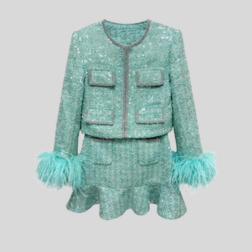 Glittering High-Waist Vest & Short Skirts Sets - Green