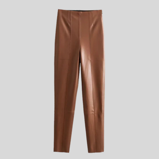 High-Waist  Leather Stretch Trousers - Brown - Black - White