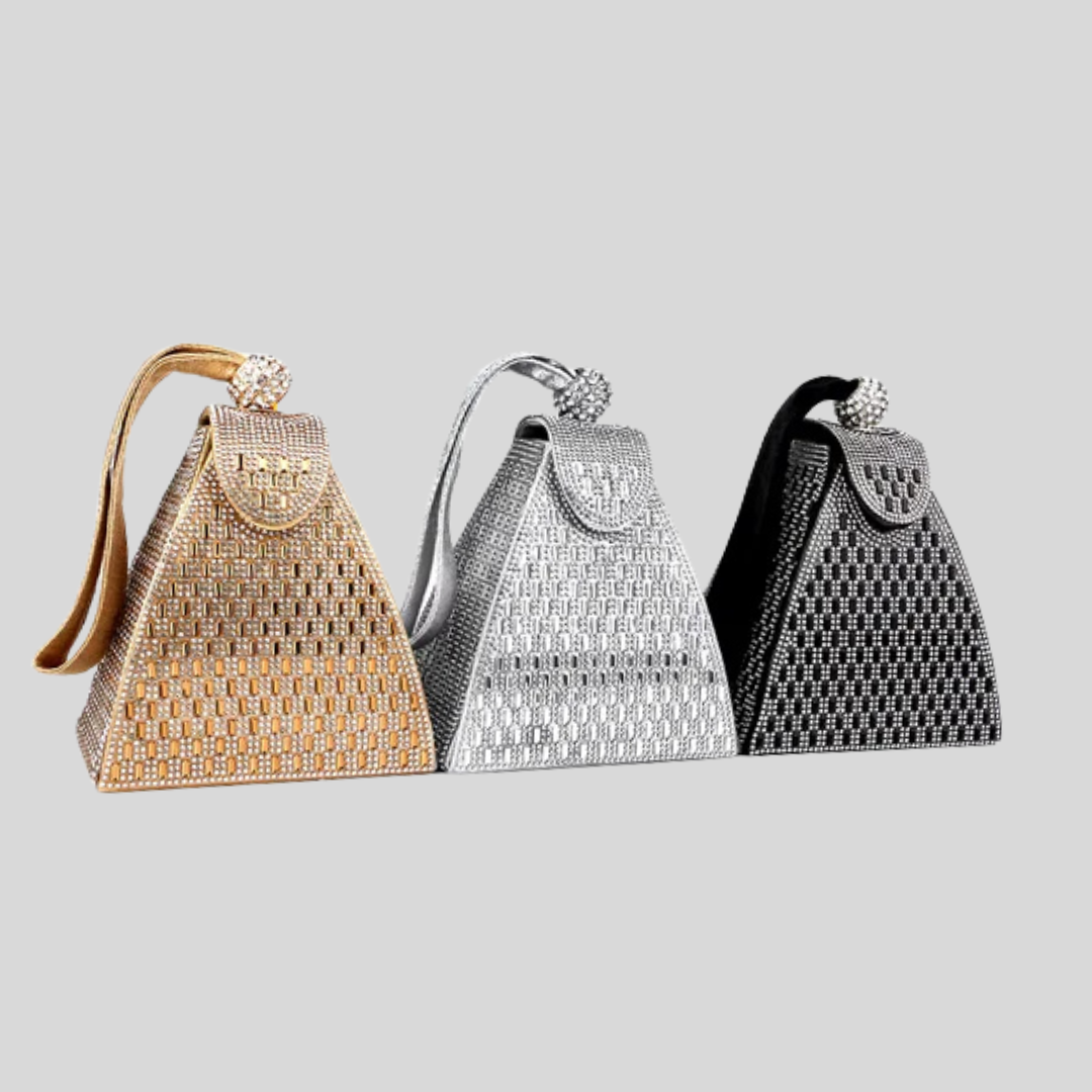 Triangular Metallic Bag with Golden Stones - Gold - Black - Silver