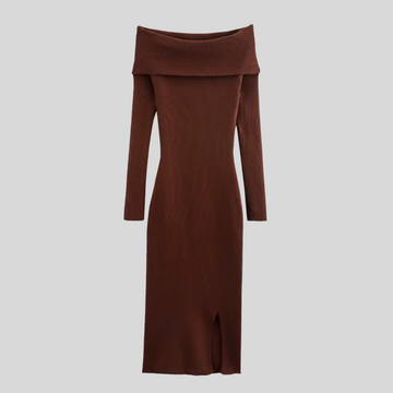 Long Sleeve Tight Knitted Dress - Brown