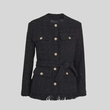 Tweed Blazer with Waistband Belt Detail - Black