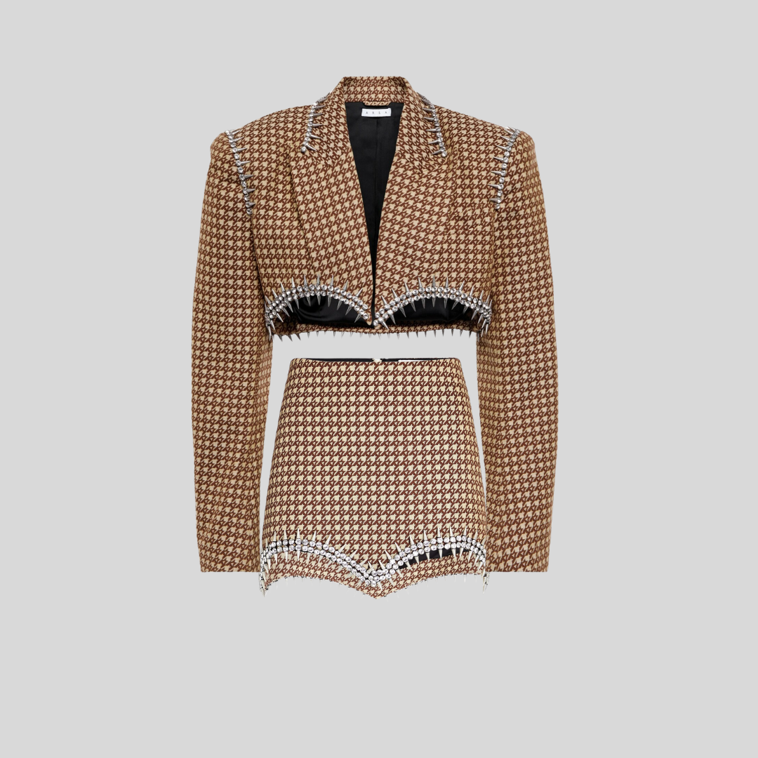 Houndstooth Crop Blazer & Twill Mini Skirt Set - Beige & Brown