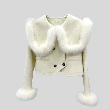 Real Fur Coat with Fox Collar and Cuffs - White