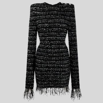 Long Sleeve Frayed Dress - Black&White