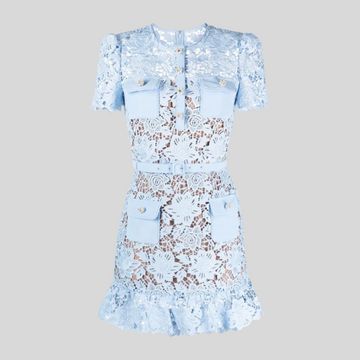 Floral Embroidered Dress with Short Sleeves - Blue