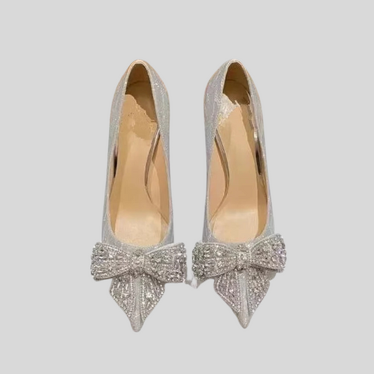 High Heels with Diamond and Ribbon Detail - Silver