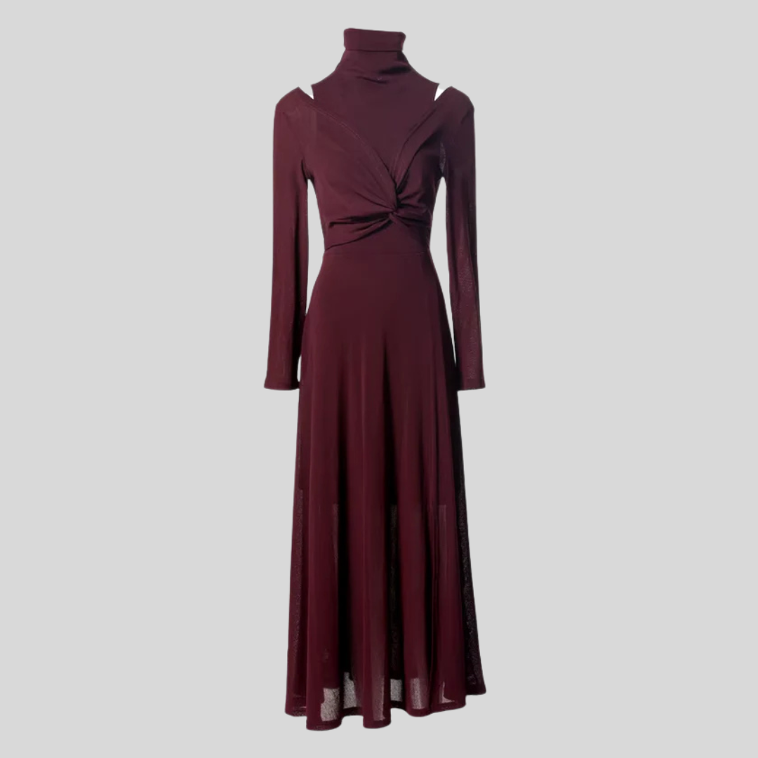 Graceful Off-Shoulder Long Sleeve Dress - Burgundy