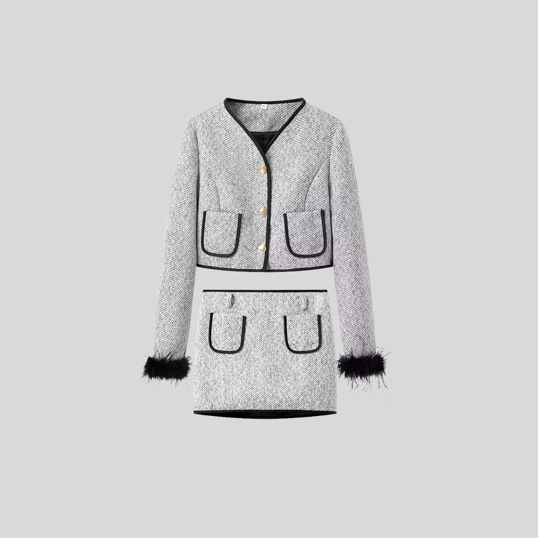 Elegant Single-Breasted Jacket with Slimming Skirt - Gray