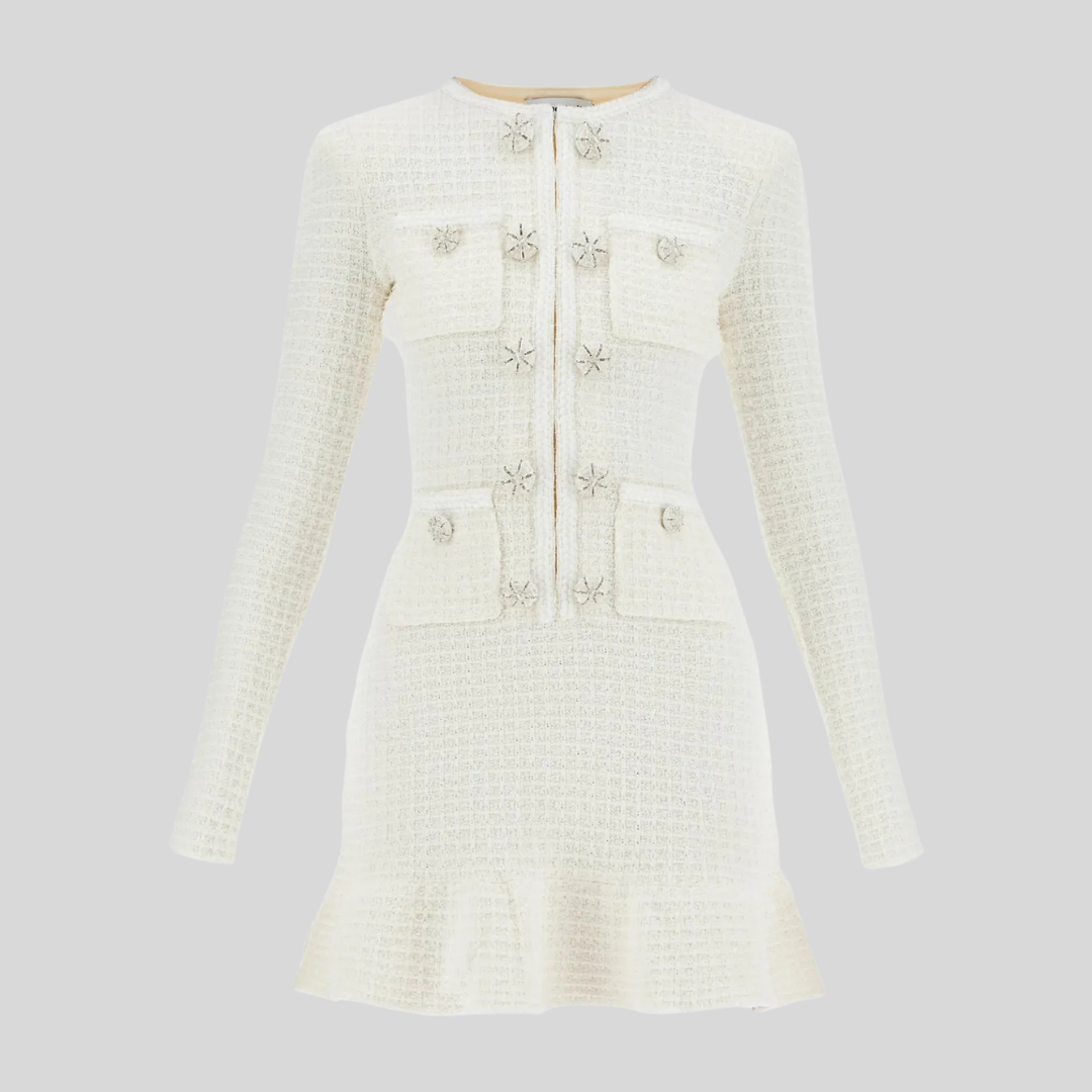 Long Sleeve Diamond Beaded Knit Dress - White