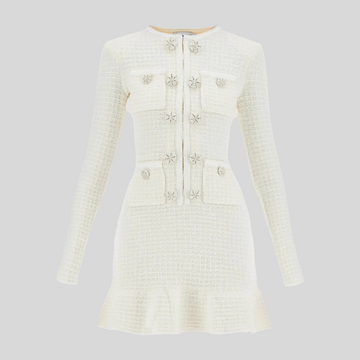 Long Sleeve Diamond Beaded Knit Dress - White