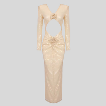 Hollow-Out  Dress with 3D Flower and Glitter Sequin Embellishments - Beige