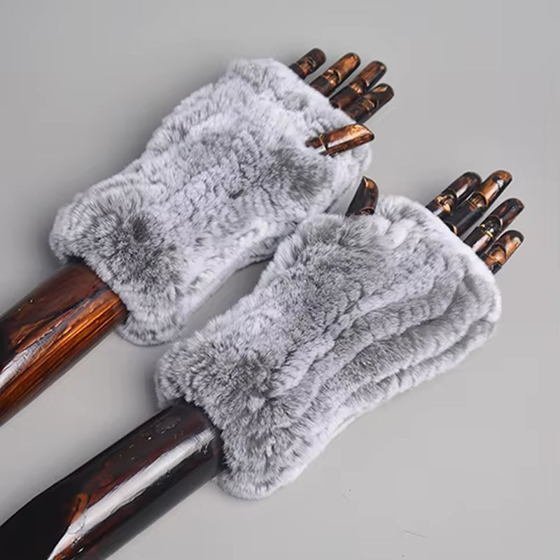 New Women 100% Real Genuine Knitted Rex Rabbit Fur Mittens Winter Warm Lady Real Fur Fingerless Gloves Handmade Knit Fur Mitten