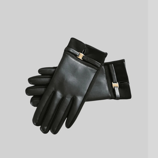 Vegan Leather and Suede Gloves with Metal Buckle - Black