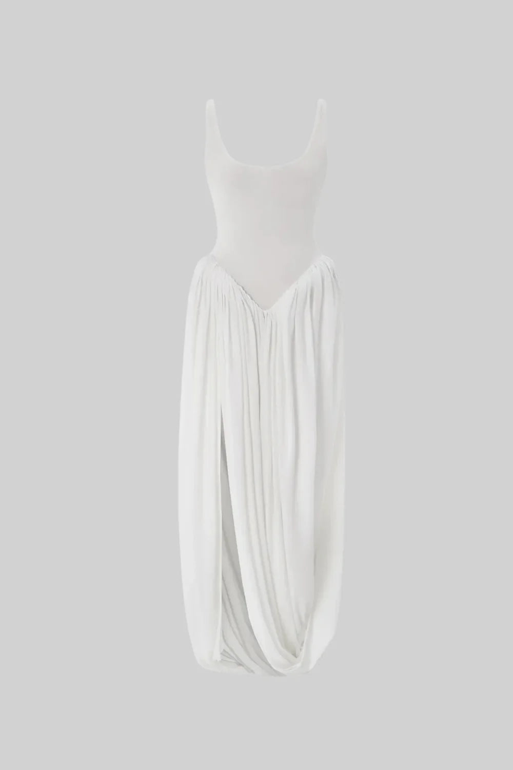 Draped Maxi Dress With Sculptural Skirt And Side Slit - White