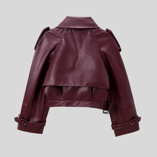 Cropped Vegan Leather Jacket - Burgundy