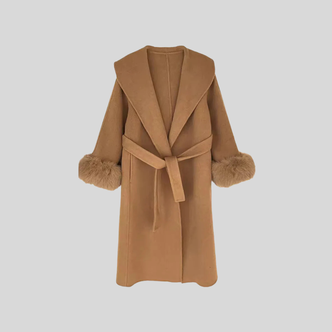 Luxurious Cashmere Long Coat With Fox Fur Cuffs - Brown