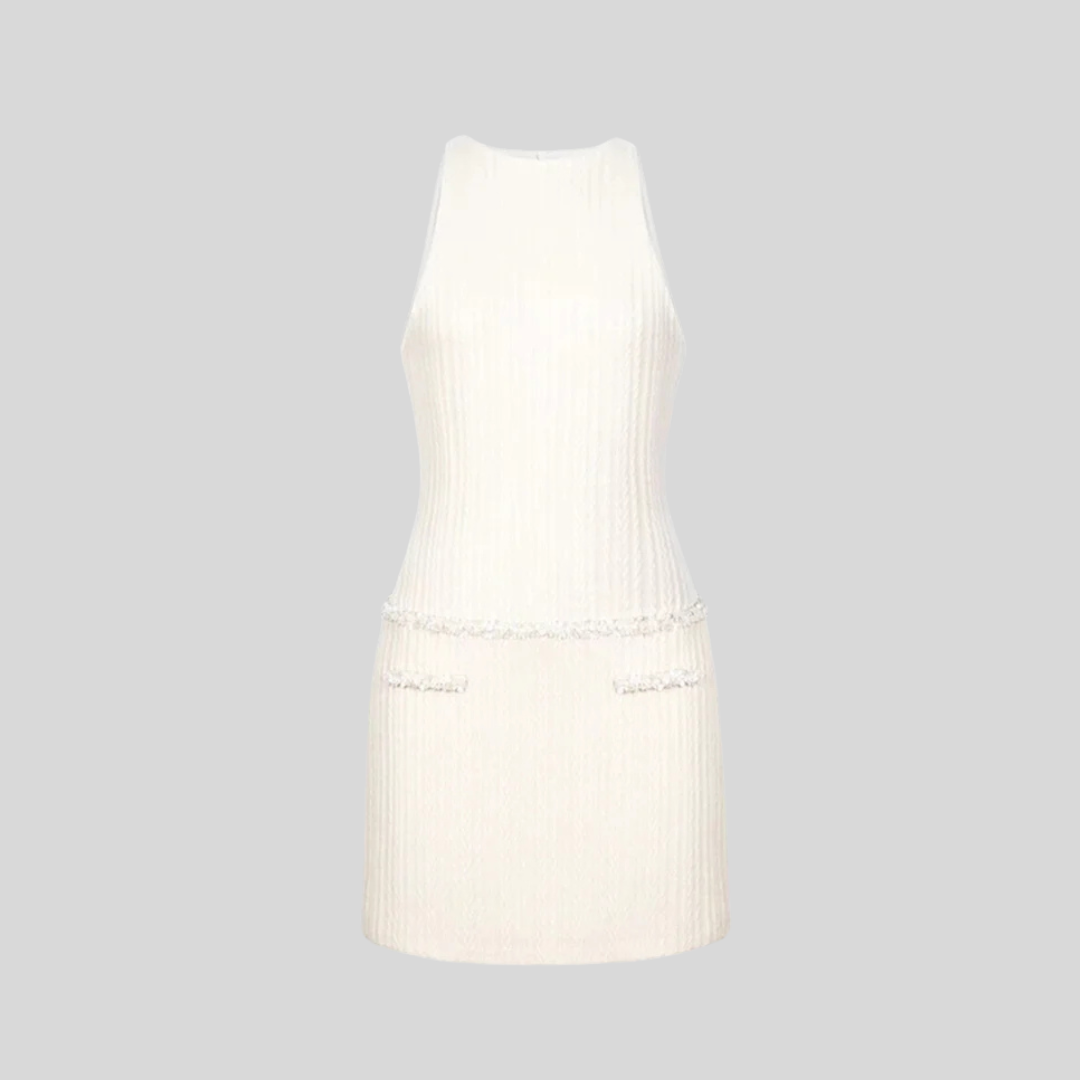 Elegant Textured Mini Dress with Sleeveless Design - Ivory