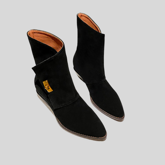 Golden Buckled Suede Ankle Boots - Black