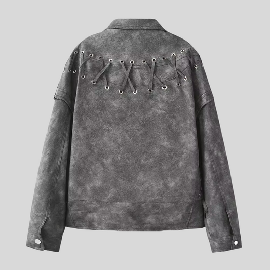 Vegan Leather Jacket with Intricate Stitched Back - Gray