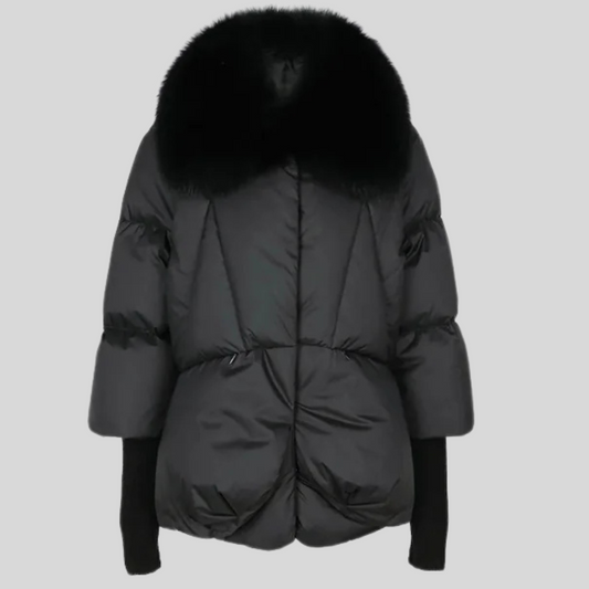 Fox Fur Trim Puffer Jacket - Black