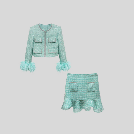 Glittering High-Waist Vest & Short Skirts Sets - Green