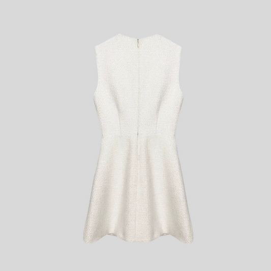 Sleeveless Dress with Pearl Accents and Textured Finish - White