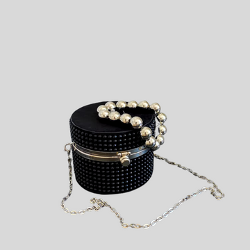 Chic Circular Purse Featuring Stone and Pearl Embellishments - Black - Silver