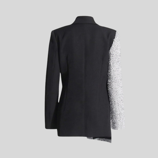 Modern Dual-Tone Blazer with Trendy Asymmetrical Hem - Black & Silver