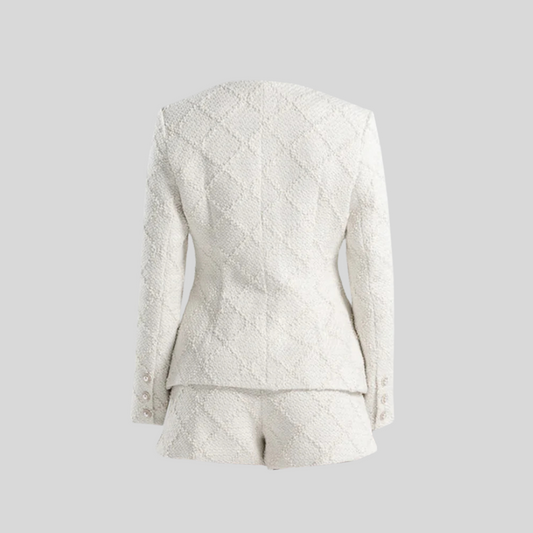 Textured Jacket With Gold Buttons And Matching Shorts - Ivory