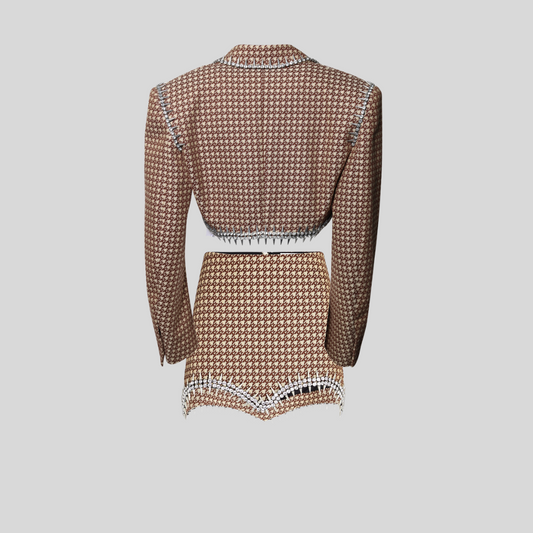 Houndstooth Crop Blazer & Twill Mini Skirt Set - Beige & Brown