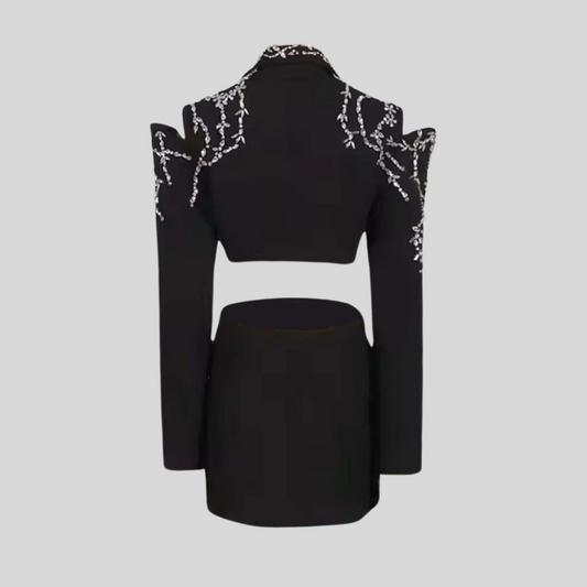 Elegant Blazer with Embroidery and Waist Cutouts - Black