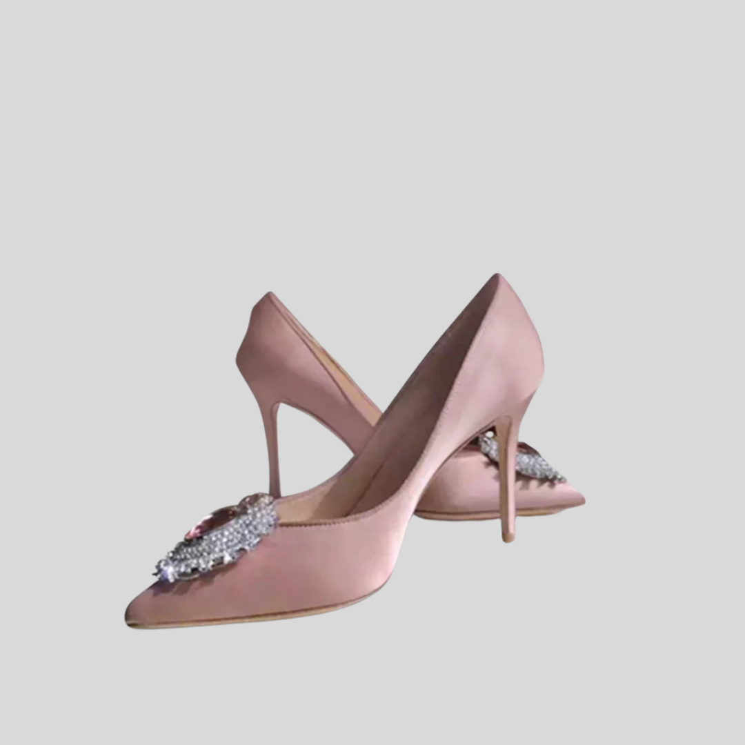 Satin High Heels with Diamond Design - Pink