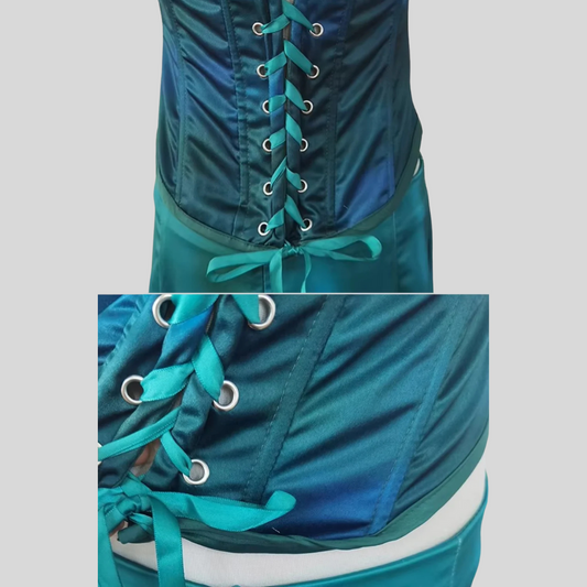 Elegant Satin Evening Gown With Corset-Style Bodice And Back Lace Closure - Teal