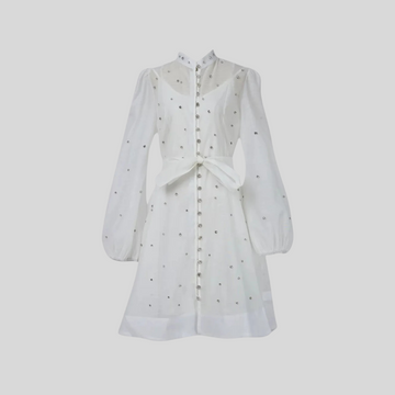Elegant Dress With Long Puffed Sleeves, High Collar And Sparkling Embellishments - White