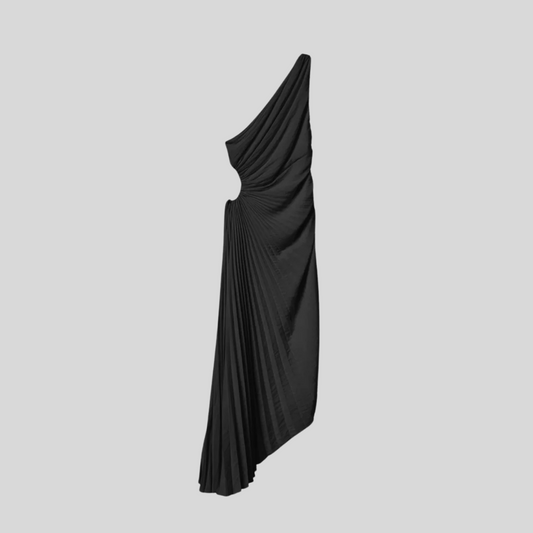 Elegant One Shoulder Dress With Ruched Texture And Circular Side Cut-Out - Black - Beige