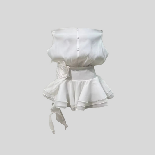 Elegant Mini Dress With Peplum Hem And Rosette Waist Embellishment - Beige - White - Black