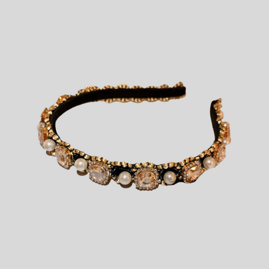 Elegant Gemstones And Pearls Headband - Beige