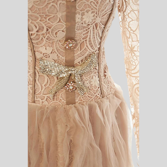 Elegant Silhouette Dress with Tulle Skirt and Lace Detailing - Beige