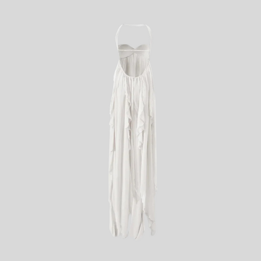 Allure Strapless Gown With Flowing Layered Skirt And Asymmetrical Hemline - White