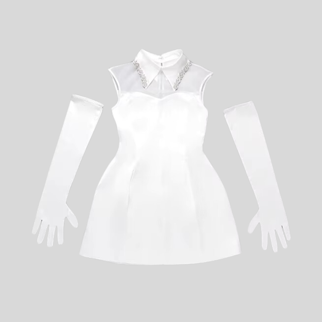 Elegant Satin Mini Dress and Long Gloves Set - White