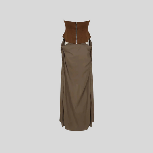 Strapless Dress With Lace-Up Fitted Bodice And Long Flowing Skirt - Brown